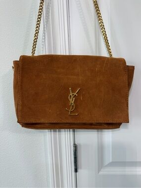 Brown Suede Shoulder Bag with Gold Chain